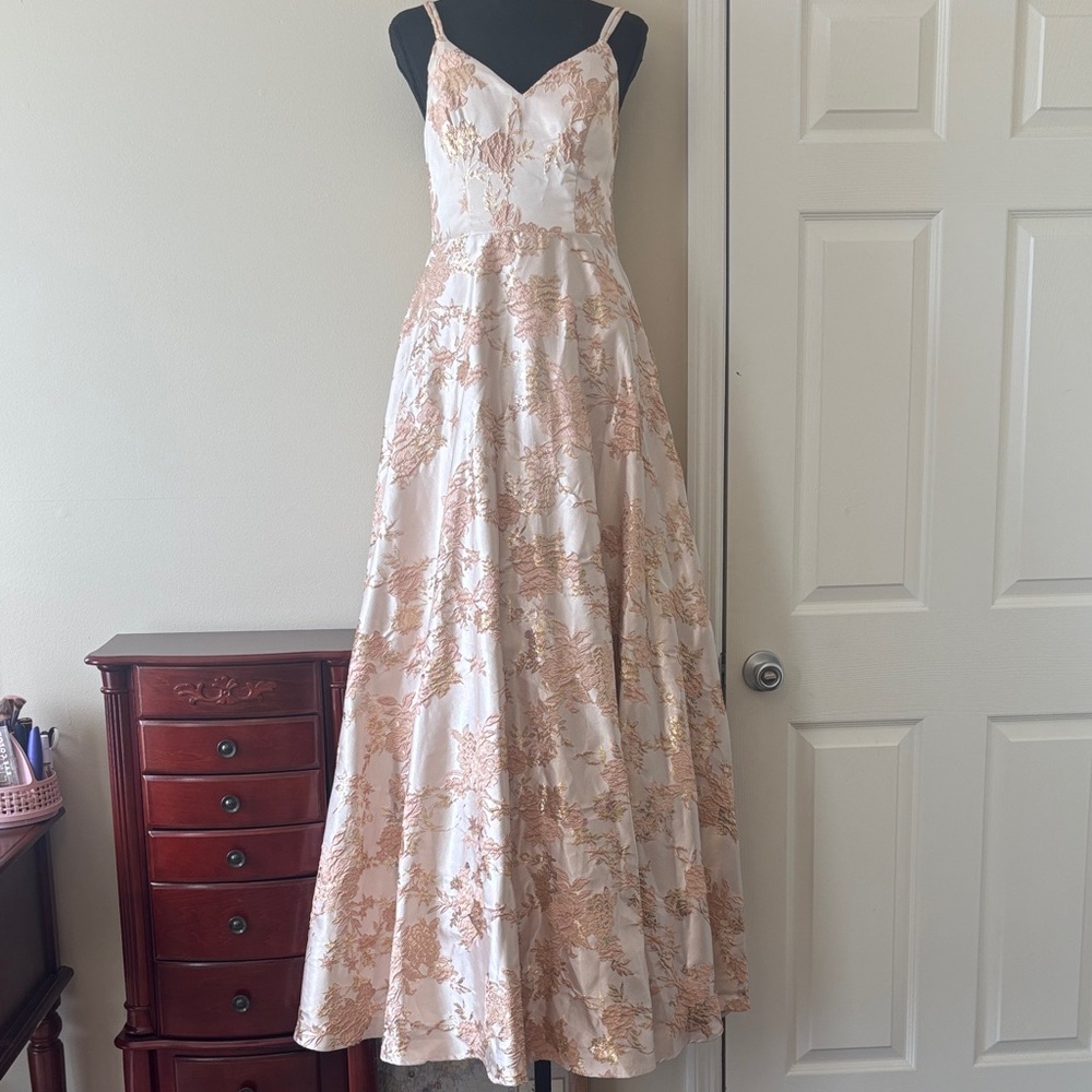 City Triangles Cream and Blush Brocade Spaghetti Strap A-Line Gown